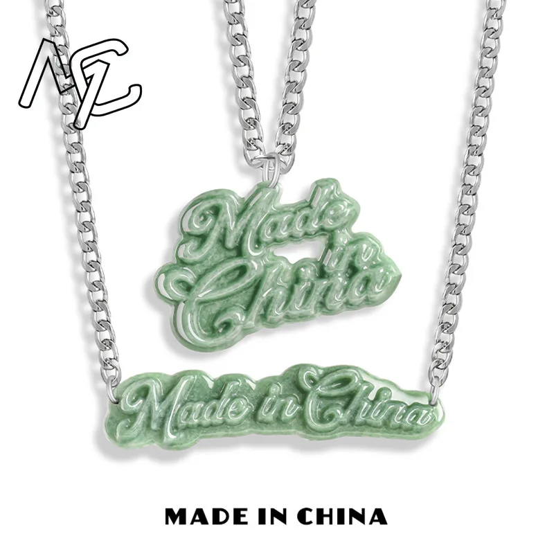 Burmese Green Jade Made In China English Character Cards Pendant Real Green 925 Silver Emerald Jewelry Jadeite Necklace Natural