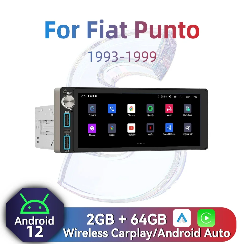 

Авторадио Carplay, 1-диночное радио, Android, автомобильное мультимедиа для Fiat Punto 1993-1999, 6,86 дюйма, стерео головное устройство, GPS-навигация, WIFI