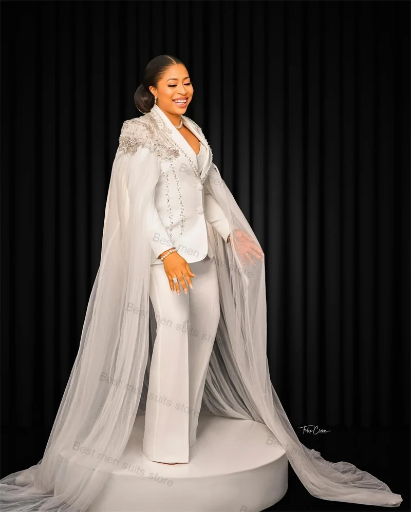 

Wedding White Cape Women Suit Set 2 Piece Blazer+Pants Formal Office Lady Jacket Luxury Crystals Wraps Prom Trousers Coat Custom