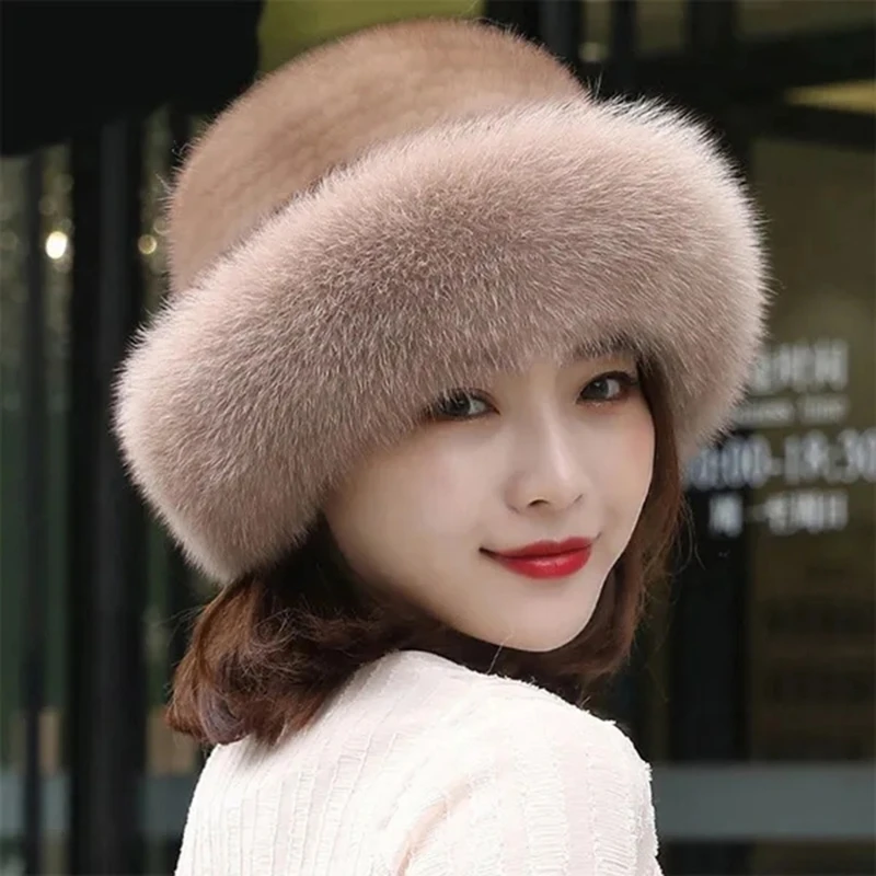 1PC Faux Fox Fur Beanies Caps Women Girls Solid Soft Thickened Furry Berets Hat Lady Elegant Winter Outdoor Windproof Warm Hat