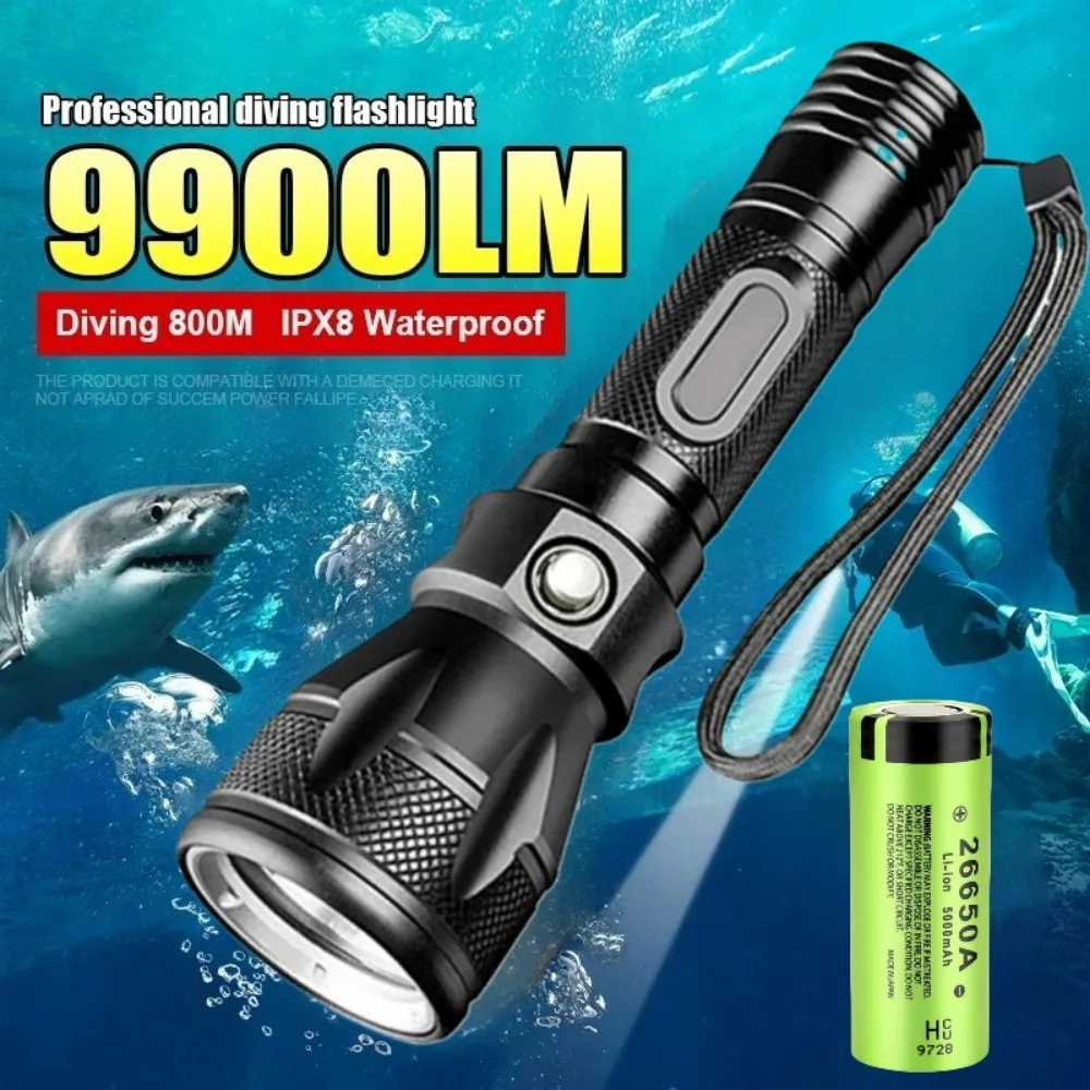 

Профессиональный фонарь для дайвинга, ручной фонарь для подводного плавания на глубину до 100 м, использует аккумулятор 18650, портативный сверхмощный фонарь с ремешком на руку.