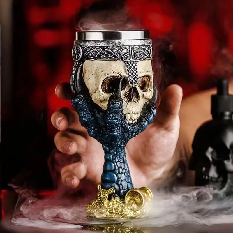 Copa de acero inoxidable con calavera y espada, regalo de decoración, cáliz, copa de vino, resina 3D, taza de bebidas de café