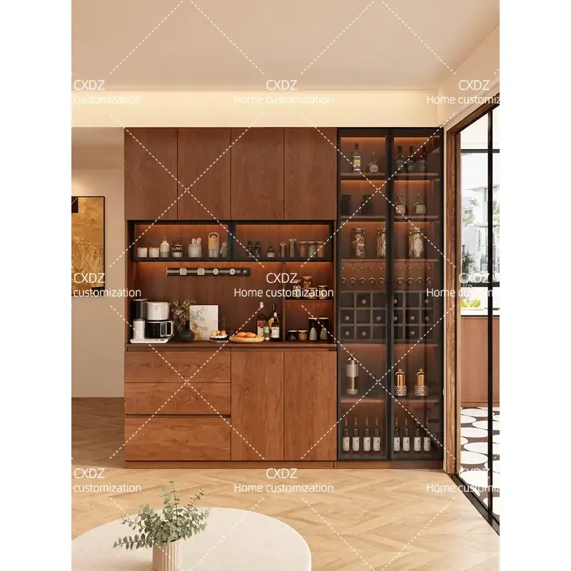 Medieval Solid Wood Dining Side Cabinet Integrated Wall Cupboard Household Living Room Glass Storage Cabinet