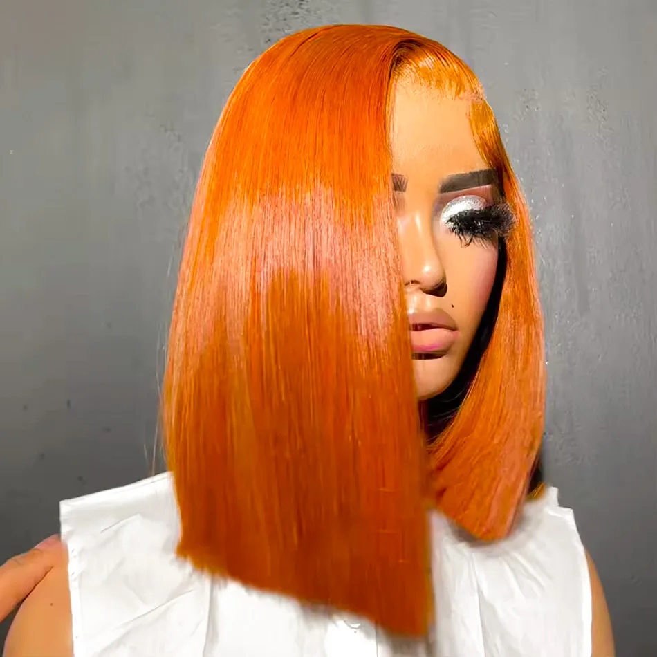 Peluca Bob corto naranja jengibre 13x4, pelucas de cabello humano con frente de encaje recto de 200% de densidad, cabello humano Natural prearrancado 100%