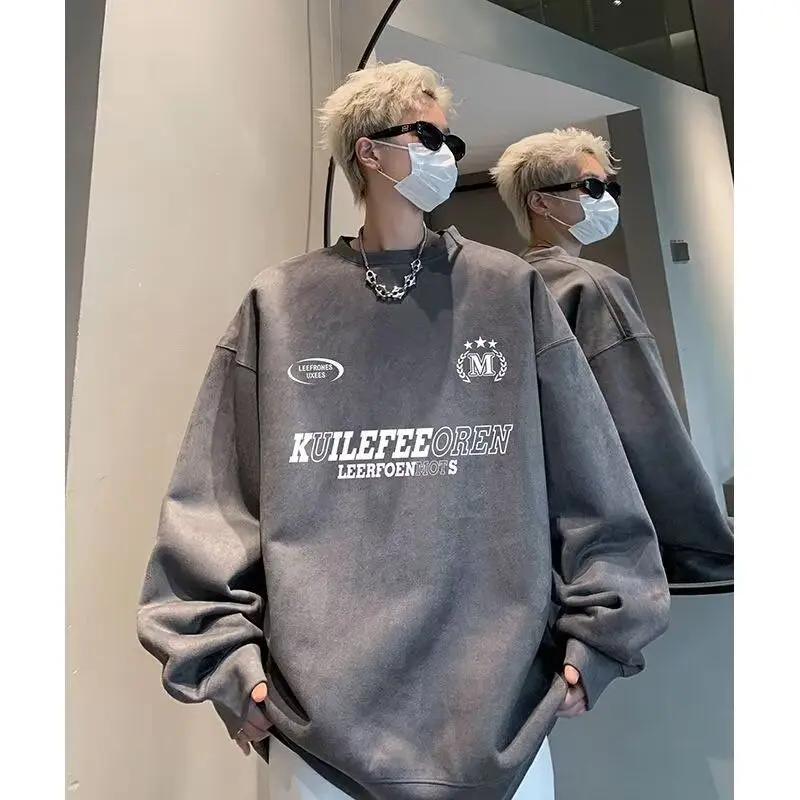 Felpa Harajuku originale americana alla moda girocollo casual trendy marca oversize in pelle scamosciata più giacca a maniche lunghe ampia in velluto