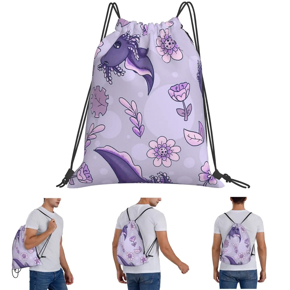 

Cute Cartoon Axolotl And Floral Pattern Backpacks Drawstring Bundle Pocket Sports Bag Book Bags for Man Woman Students