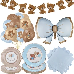 Bear Baby Shower Teddy Tableware Set Paper Plates Nakpins Bow Foil Balloon Bear Gender Reveal Neutral Party Decorations Supplies