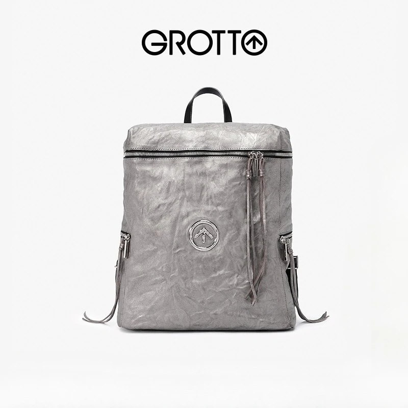 

GROTTO Gender-Neutral Gray Stone Backpack Wrinkled Genuine Leather Gray Soft Leather Double Shoulder Bag Portable