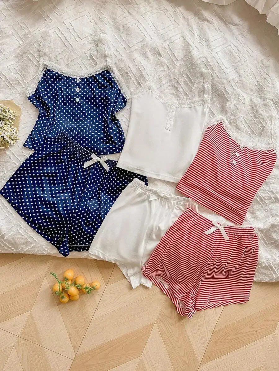Womens 6pcs Pajama Set With Polka Dot Striped Lace Camisole And Shorts