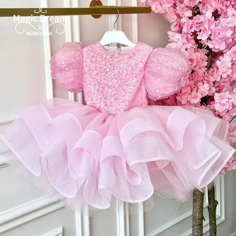 Customized O-neck Puff Sleeve Sequined Ball Gown Princess Vestidos Pleated Tiered Flower Girls Dress Kids Birthday Party Dresses