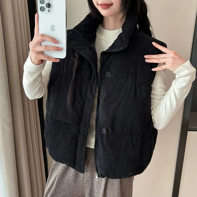 2025 Chaleco suelto de algodón de pana con plumas y cierre de cremallera, chaleco rosa para ir al trabajo para mujer, moda de otoño e invierno para mujer