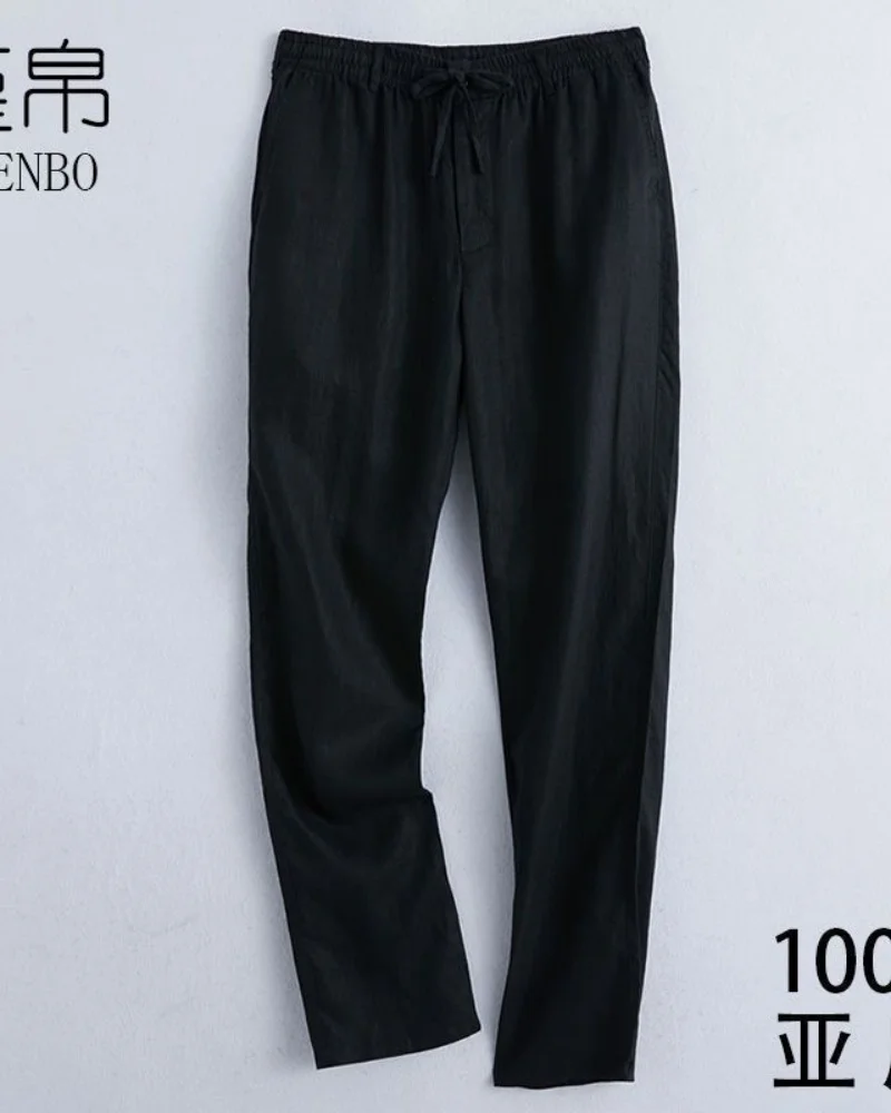 Herren Baumwoll-Leinen Einfarbige Freizeithose mit Elastischem Bund Streetwear Jogging Lose Sporthose – Detail 5