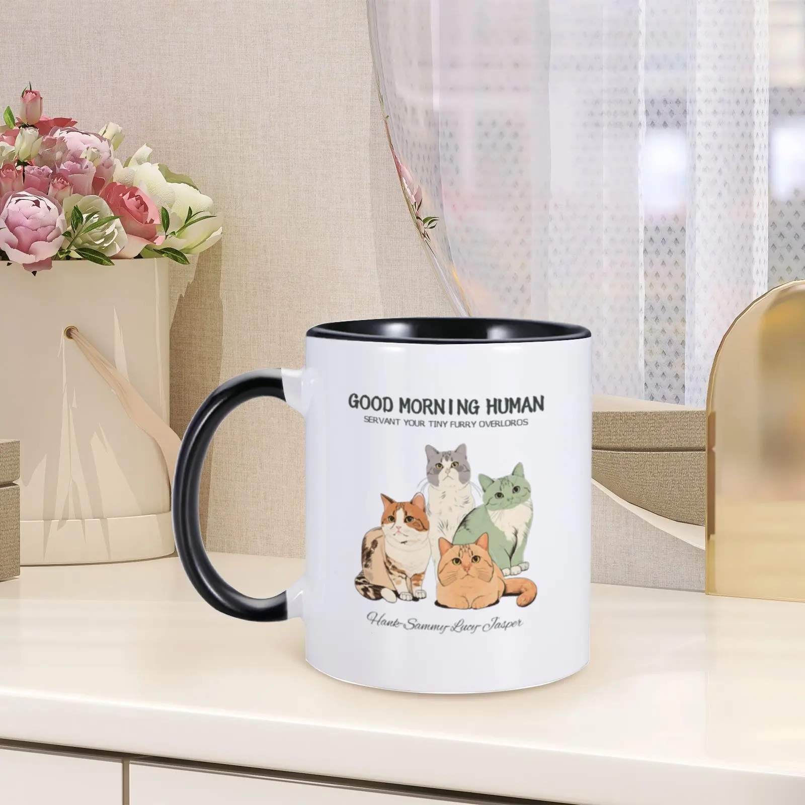 Personalized Coffee Mug Gift for Cat Lover Good Morning Cat Human Servant Walking Fluffy Cats Mugs Gift for Pet Owner Funny Cup