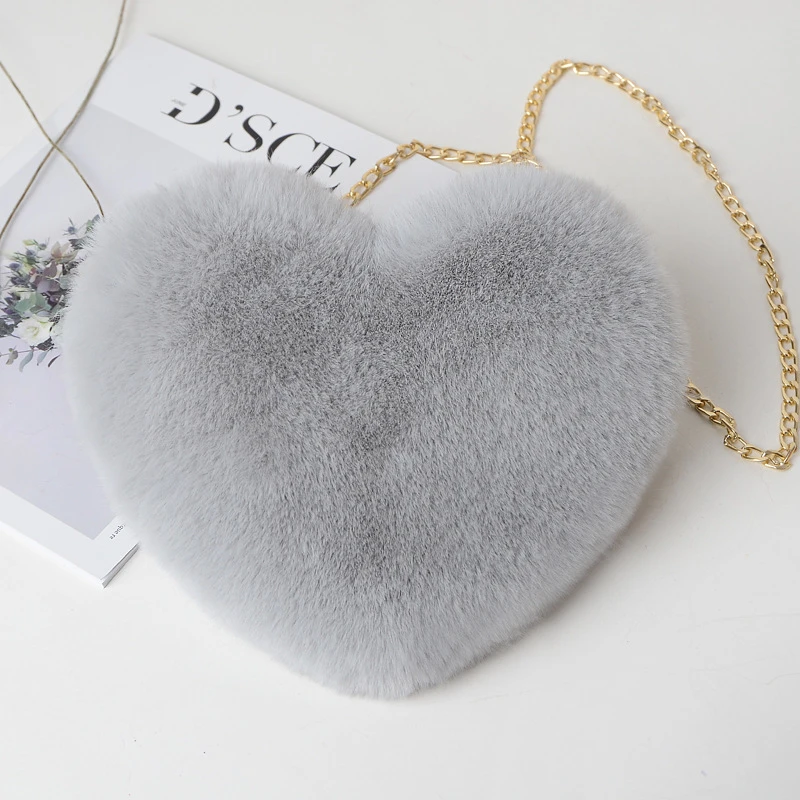 Mode frauen Herzförmige Handtaschen Nette Kawaii Faux Pelz Umhängetaschen Geldbörse Plüsch Kette Schulter Tasche Dame Handtasche – Detail 14