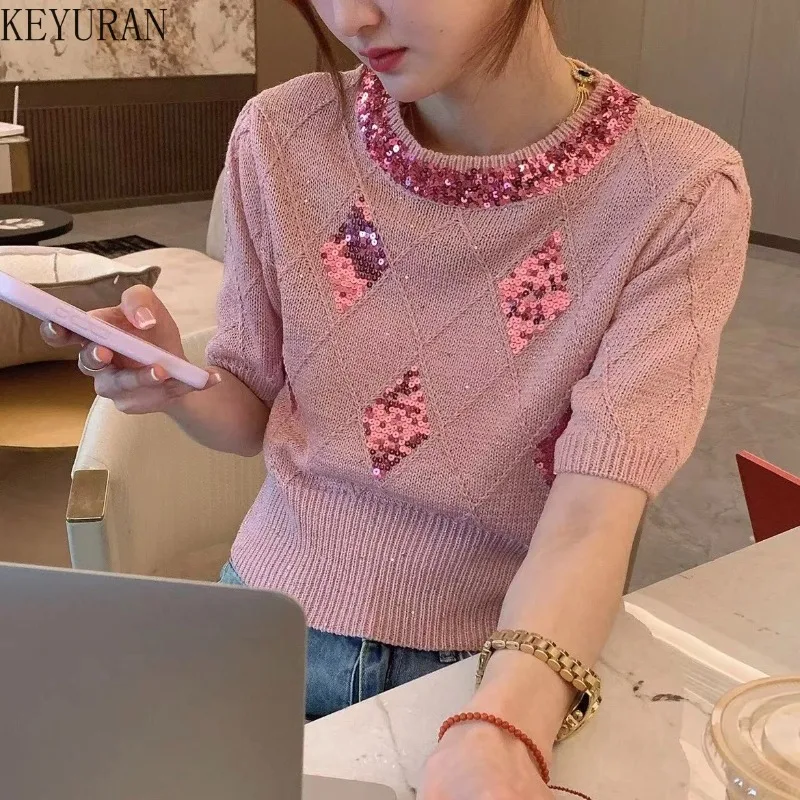 2024 New Summer Sequin Short Sleeve Sweater Women\'s Crop Top Pullover Vintage Fashion Casual O-neck Thin Argyle Knitted T-shirts