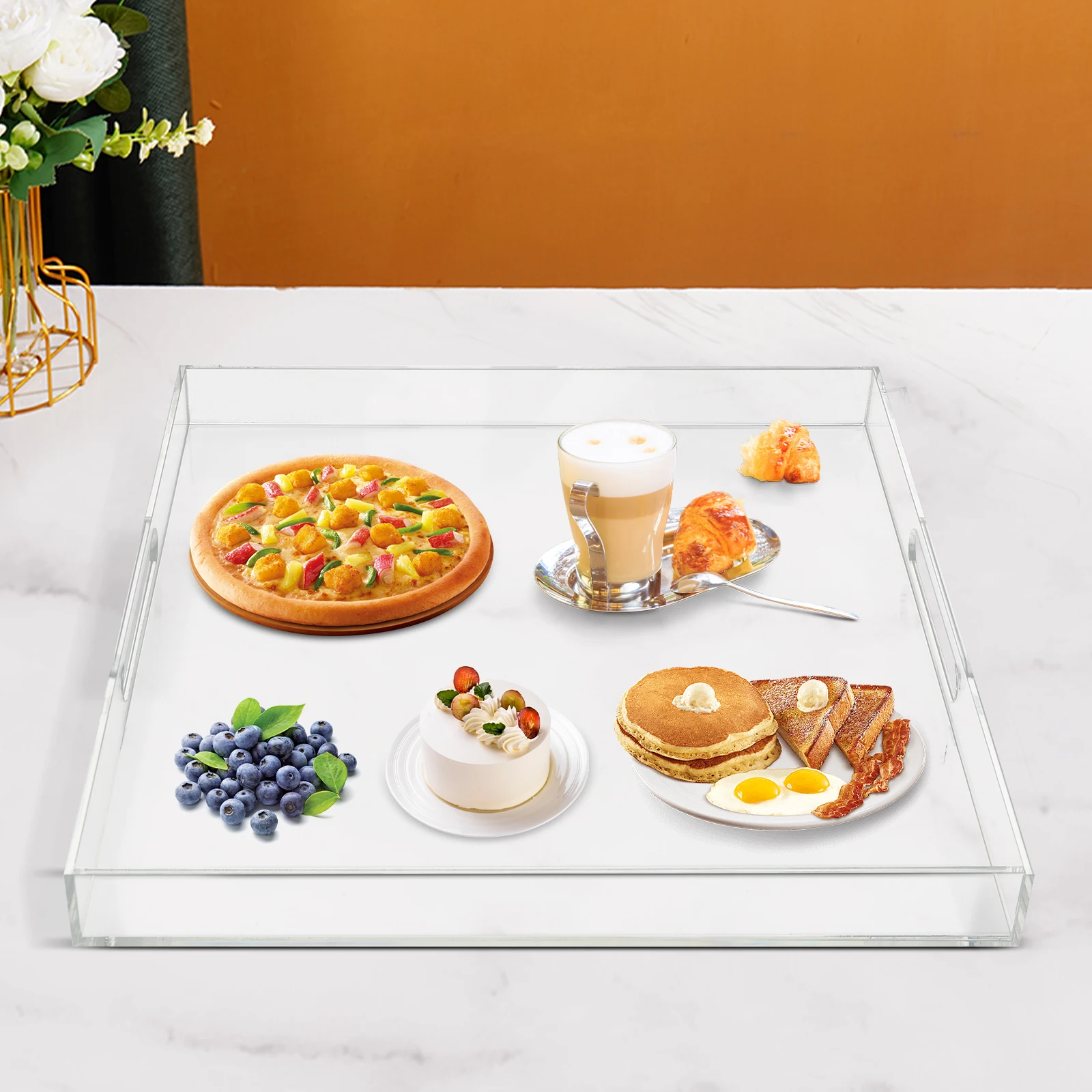 

Прозрачный акриловый сервировочный поднос с ручками, квадратный поднос для закусок, водонепроницаемый поднос для кофейных напитков для обеденного стола