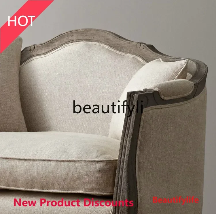 X188 American Country retro Solid Wood Sofa french Villa Solid Wood Linen casual Chair Classical Furniture LT