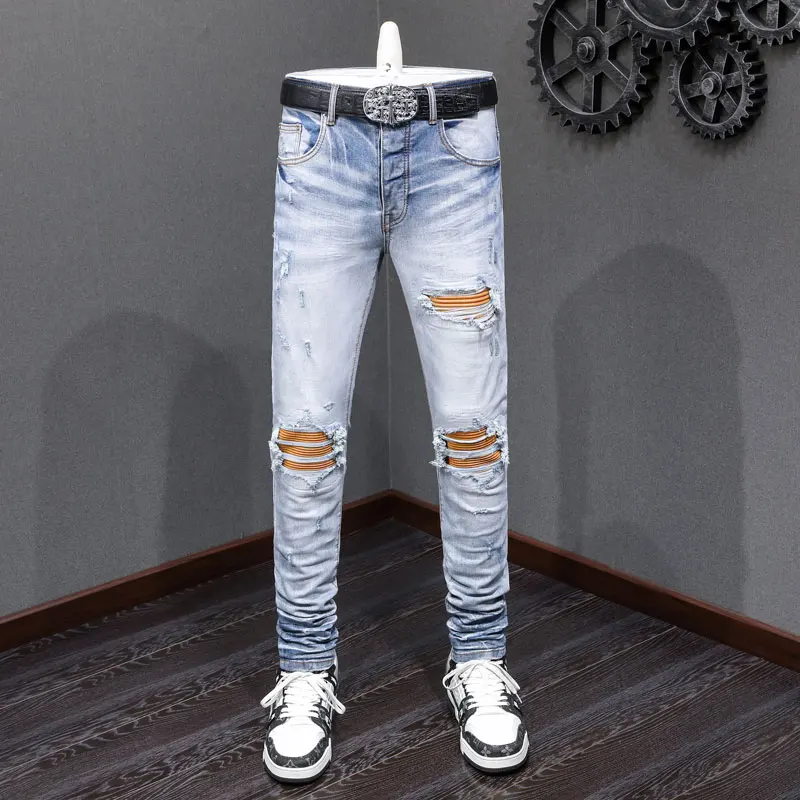 

Fashion street designer men's retro light blue jeans elastic tight corrugated jeans yellow patchwork hip-hop brand pants hombre