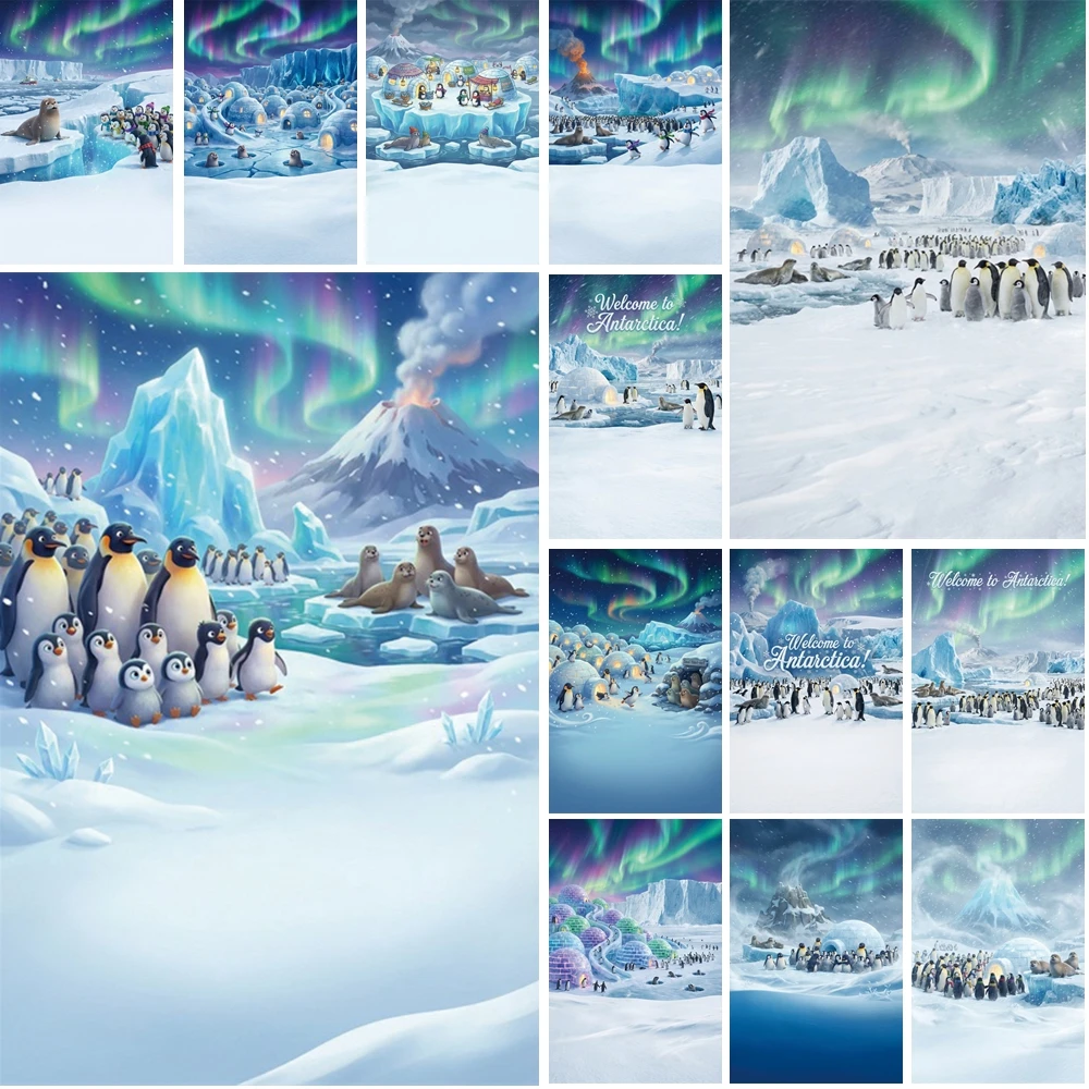 

MOON.QG Antarctic Village Backgrounds For Photographs Penguin Ice Aurora Backdrop Winter Birthday Photo Studio Poster Shooting