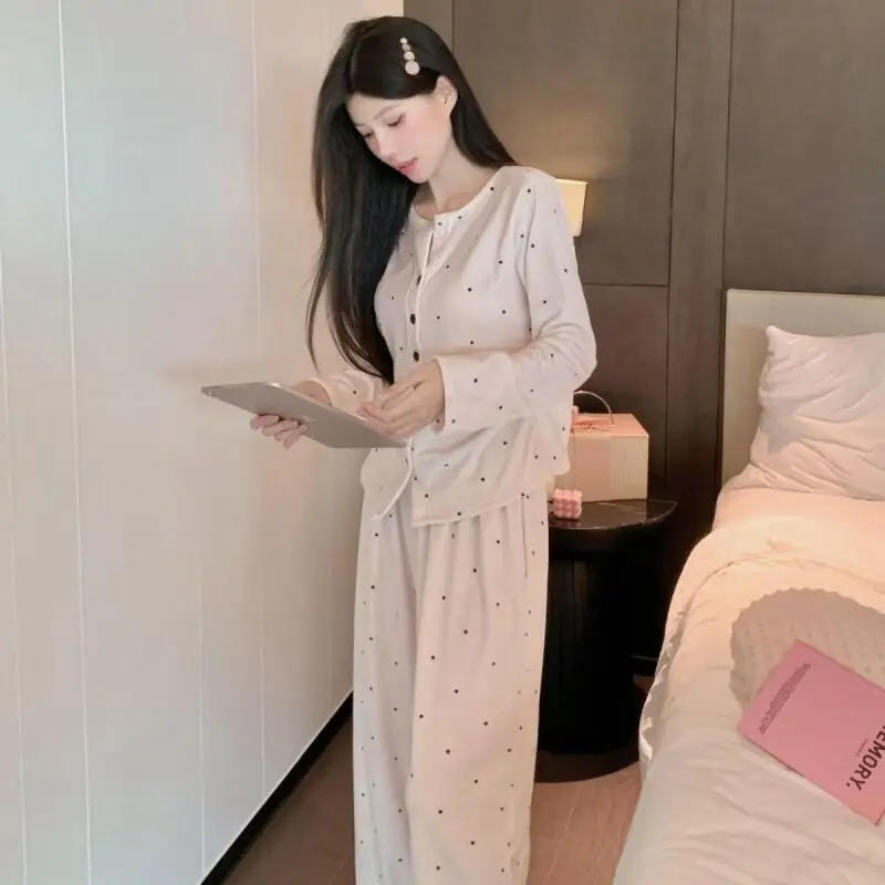 

Pajamas Women Winter New Thick Warm Elegant Long Sleeve Double Sided Fleece Simple Nightwear Polka Dot Homewear