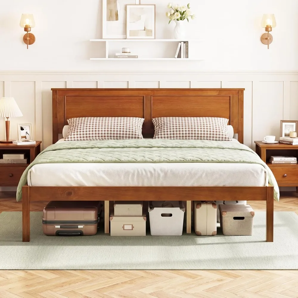 Wood Queen Size Bed Frame with Headboard, Mid-Century Modern Platform Bed W/Wooden Slat Support, Solid Mattress, Customized image 6