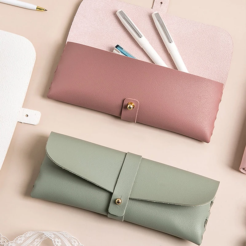 1pc Simple  Pen Holder PU Leather Pencil Bag  Vintage Style Roll Pencil Case Pencil Bag School Office Supplies