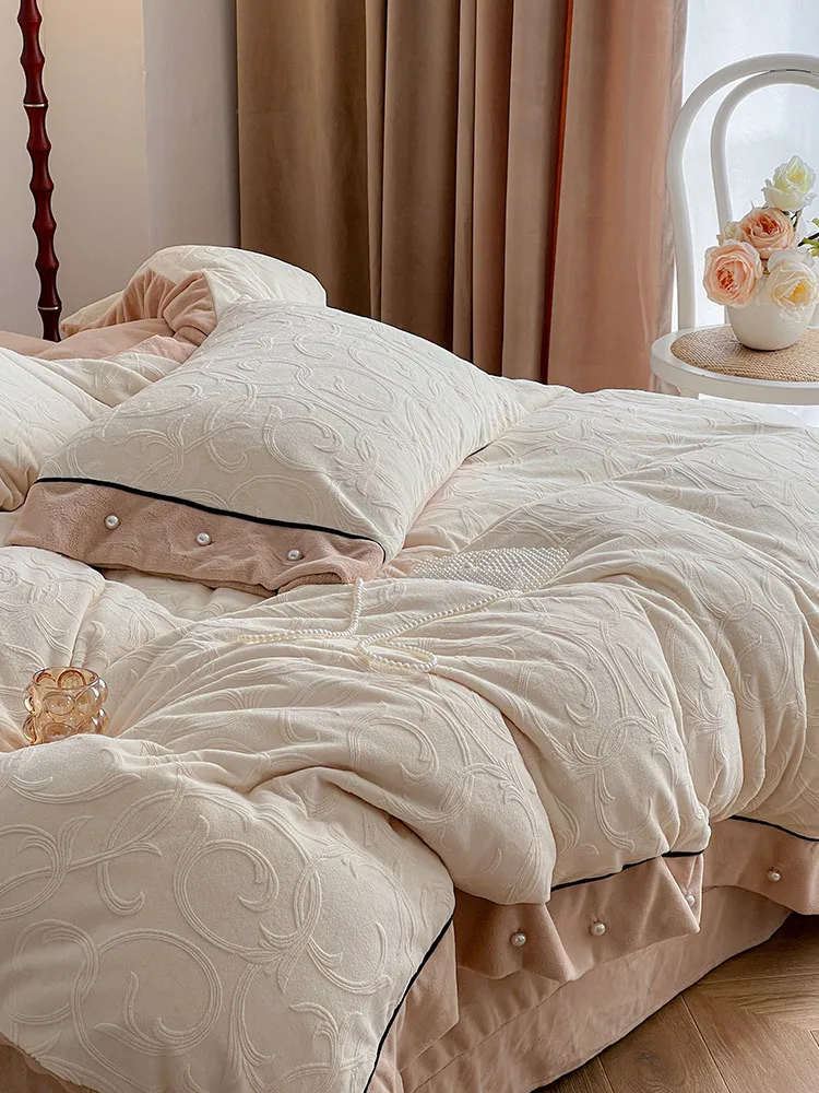 Carved Milk Velvet Four Piece Set with Double-sided Coral Velvet Solid Color Thickened Bedding