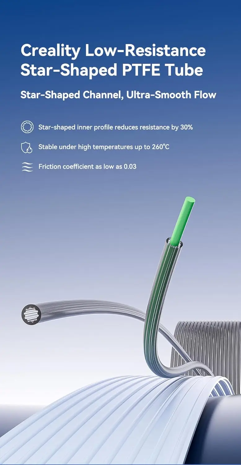 Creality verbesserte den PTFE-Schlauch mit niedrigem Widerstand auf bis zu 260 Grad. ° C(1/2/5M) – Sternförmiger Kanal für extrem gleichmäßigen Fluss, 30 % weniger Widerstand – Detail 2