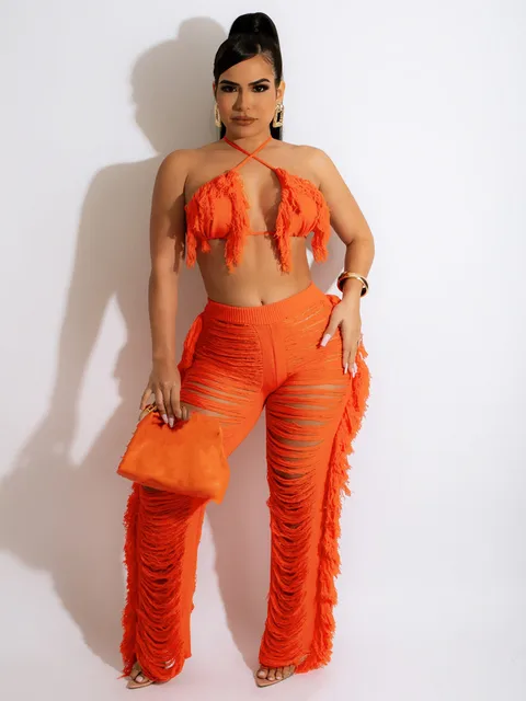 JRRY Sexy kobiety dzianiny zestaw dwa kawałki zestaw Halter bez pleców Top biustonosz spodnie szydełkowane 2 sztuk zestaw drążą szydełka bikini