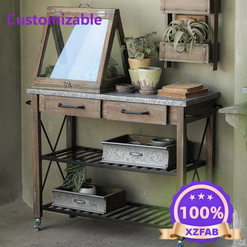 Factory Direct 2026 Three-layer gardening console, solid wood flower stand, garden retro and old, storage rack