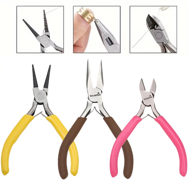 Ensemble de pinces pour la fabrication de bijoux, nez aiguille, nez de chaîne, nez rond et coupe-fil, parfait pour la réparation de bijoux, emballage de fil, 3 pièces
