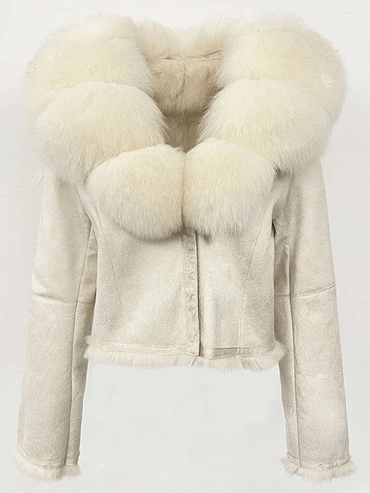 Nowa Jesienno-Zimowa Odzież Futrzana Prawdziwe Futro Królika Podszewka Kurtka Zamszowa Modna Krótka Naturalna Kołnierz z Futra Lisa Płaszcz Damski