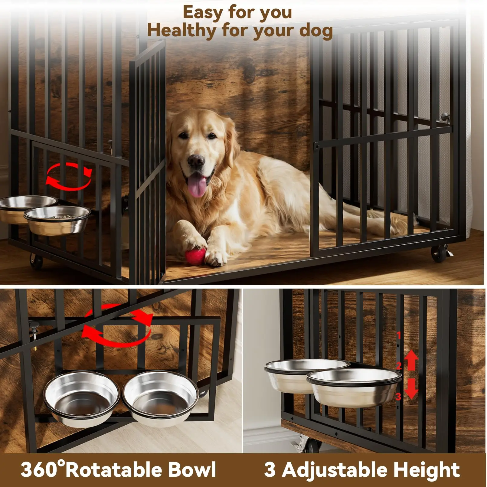 Heavy Duty Large Dog Crate Furniture with 360° Rotatable Bowls & Wheels