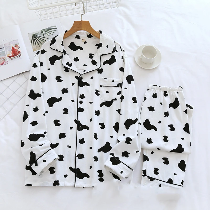 Novelty Print Cows Couple Pajamas Trouser Suits Casual Loose Elastic Waist Pijamas Sleepwear with Pocket Soft Cotton Home Wear