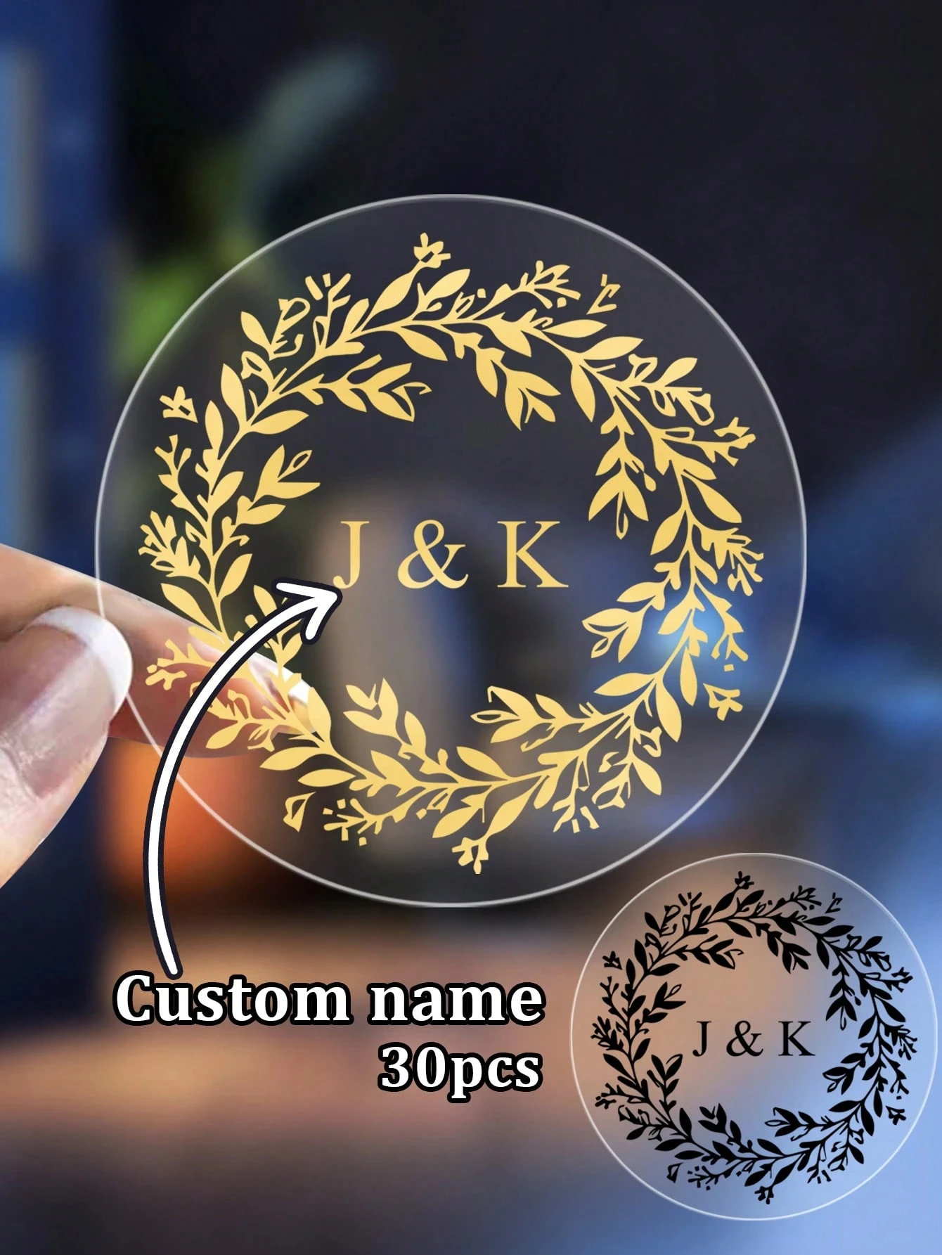 

Custom Name Gold Foil Wedding Stickers Personalised Initials Gold Wreath Envelope Seals Transparent Gold Labels Favours Engageme