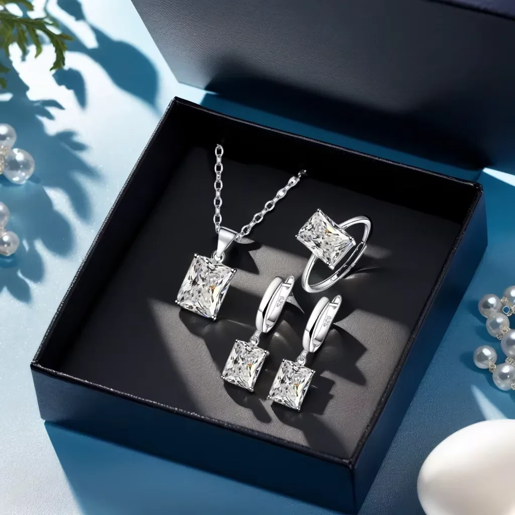 

925 Sterling Silver Elegant Jewelry Sets Ring Earrings Necklace For Women Rectangle Geometry Zircon Wedding Accessories