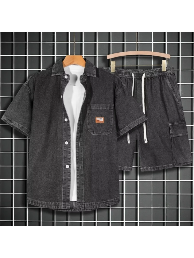 

Summer Casual Loose plus Size Men's Denim irt And orts Two-Piece Set Trendy ort Sve Clothing Ensemble for Big Sizes