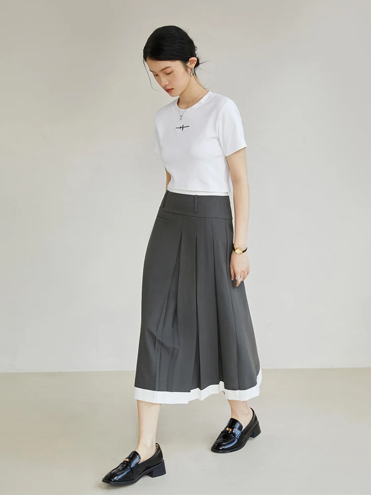 ZIQIAO Grey Design Feeling Pleated Skirt For Female Minority 2023 Summer New High Waist A-Line Skirt For Women Casual Loose