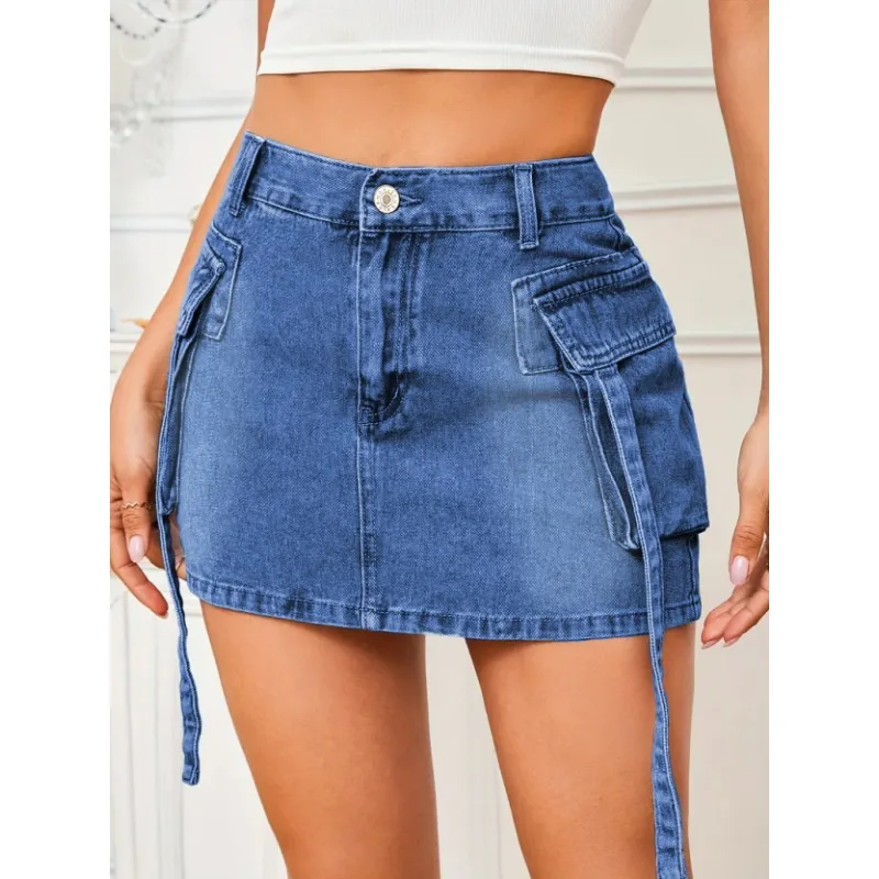 

High Waisted Denim Mini Skirt with Pockets and Straps Women's Trendy Casual Y2K Korean Style Washed Denim Skirt