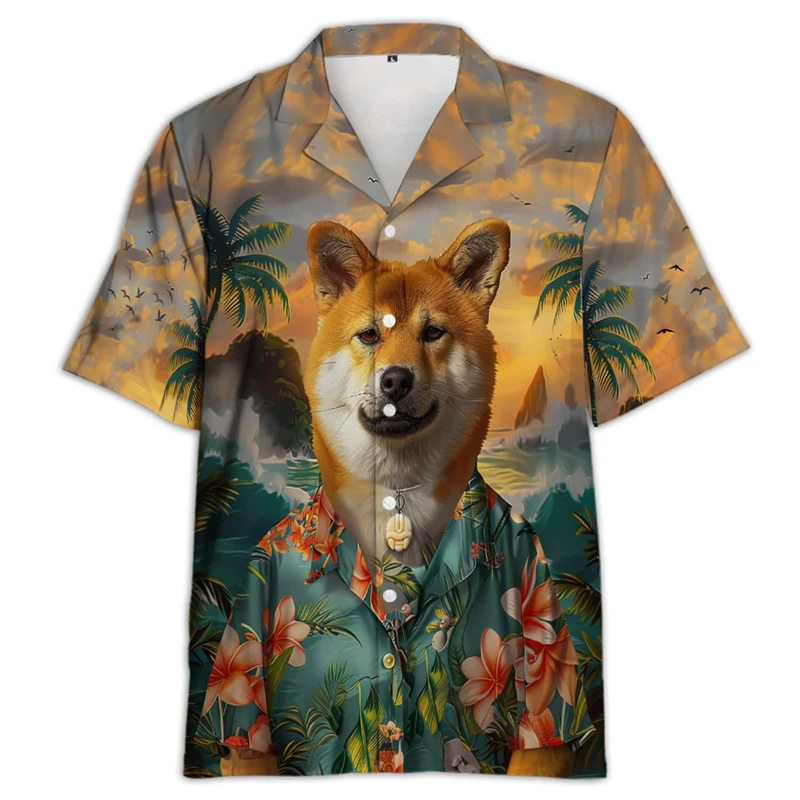 3D Print Cute Dog Graphic Beach Shirts Shiba Inu Hawaiian Shirt For Men Short Sleeve Large Size Button Up Vacation Tee Shirt