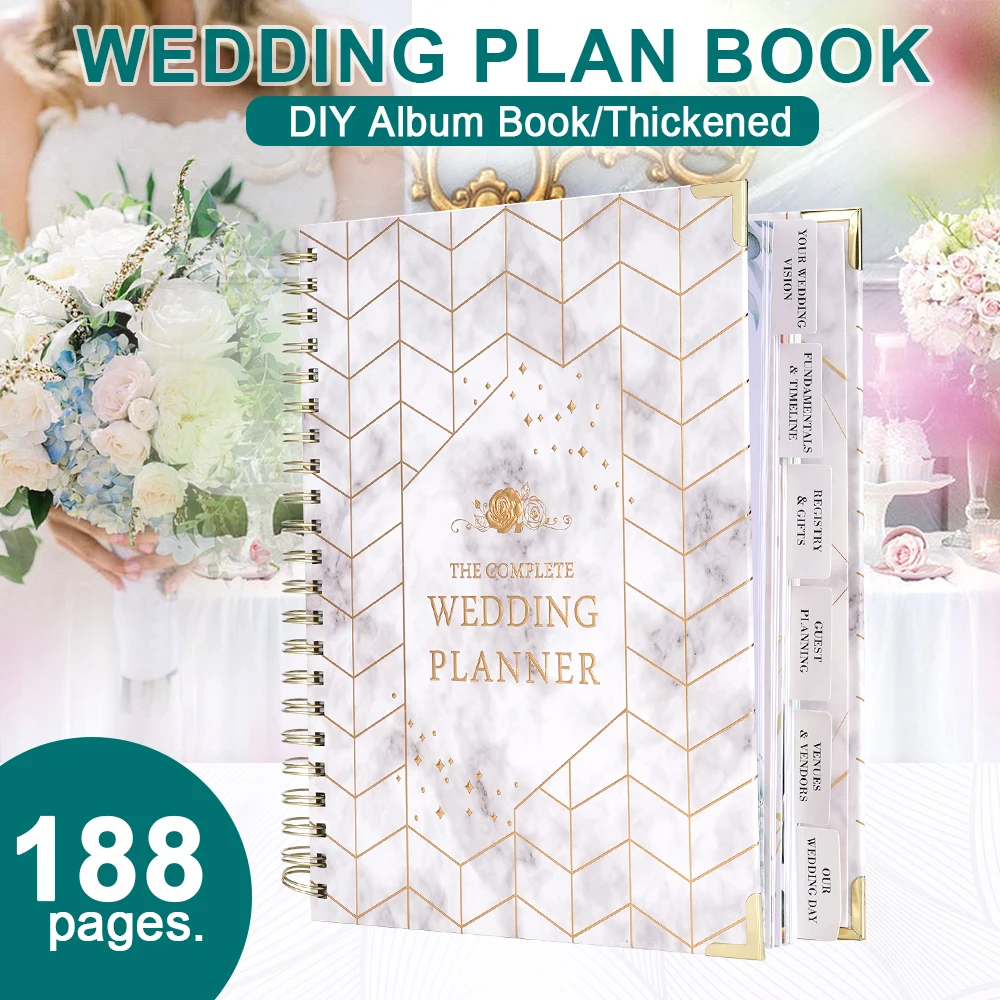 diy-ウェディング-ゲストブック-結婚式の準備ガイド用サインブック-ハードカバー-188-ページ-タブとポケット付き-ツインワイヤー製本