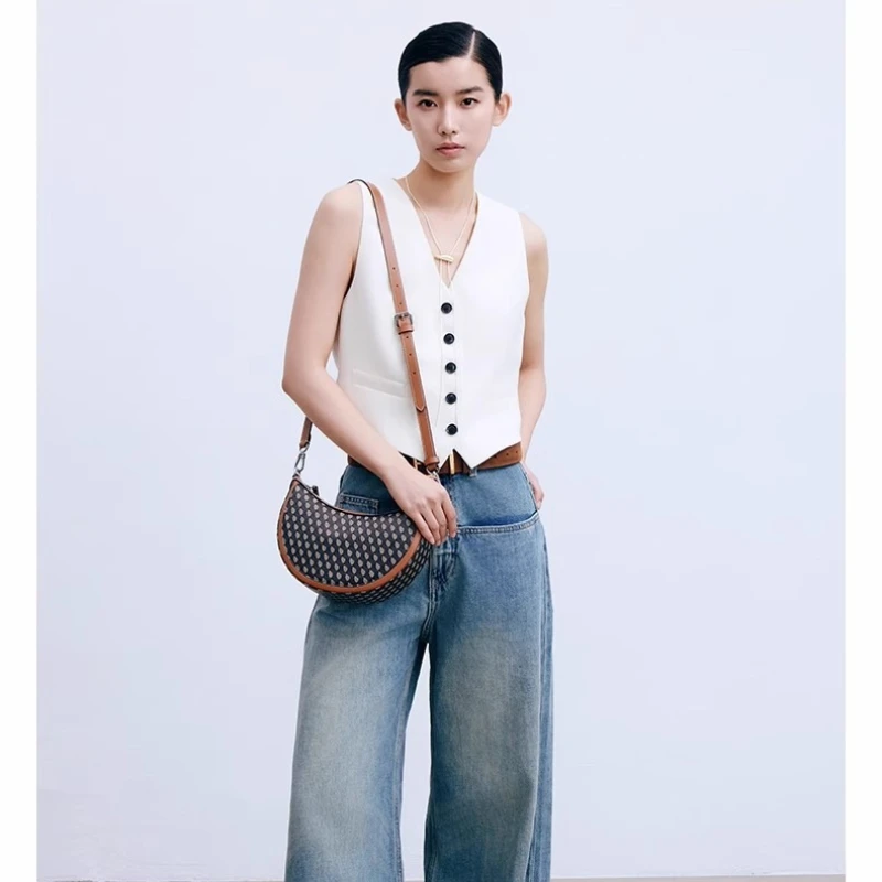 DISSONA 2025 Crescent Moon Bag New Lucky Pouch Crescent Moon Shoulder Bag Crossbody Vintage Print Handbag Moon Bag