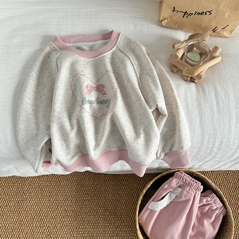 

2025 Autumn New Children Sweatshirt Cotton Kids Long Sleeve Tops Girls Cute Bow Letter Print Sweatshirt Baby Casual Pullover