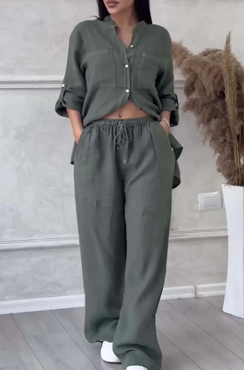 

2025 Summer Fashion New Women's Elegant Stand Collar Single Breasted Loose Commuter Wide Leg Pants Two Piece Sets Ropa Mujer