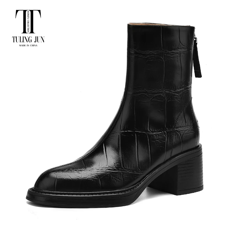 

TULING JUN 2024 Winter Mature Woman Round Head Solid Color Ankle Zip Boots High Heels Shoes For Female Concise T-A1002