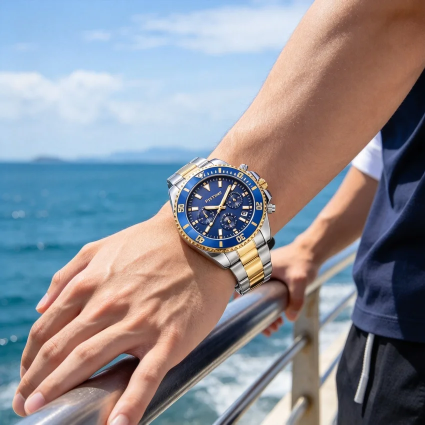 Mens Quartz Wristwatch Three Sub Dials Turning Bezel Multiple Dial and Strap Colors, Link Bracelet Gold Silver Two Tone Sport