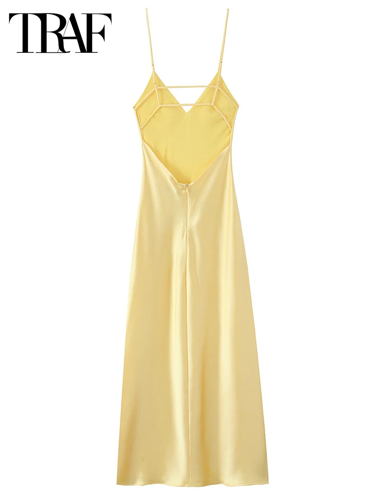 HXAO femmes robe jaune Slip Satin robes longues été 2025 femme Sexy Midi col en V profond dos nu robe robe robes de soirée