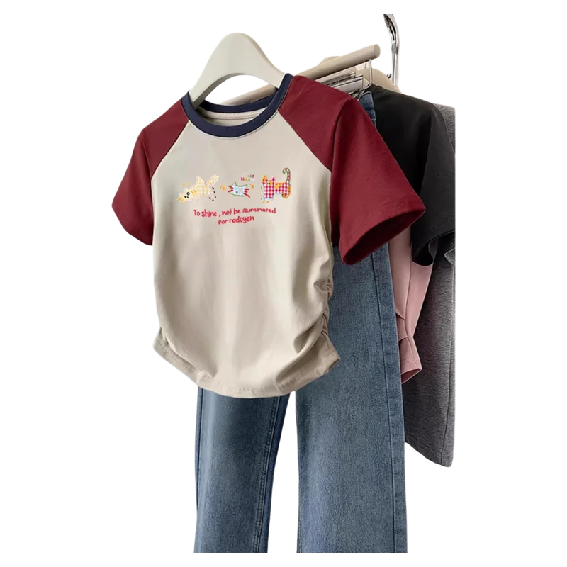 ドーパミン サマー 半袖 ラウンドネック Tシャツ オーバーサイズ 多用途 ベースレイヤーシャツ 韓国風 通勤 コットンブレンド