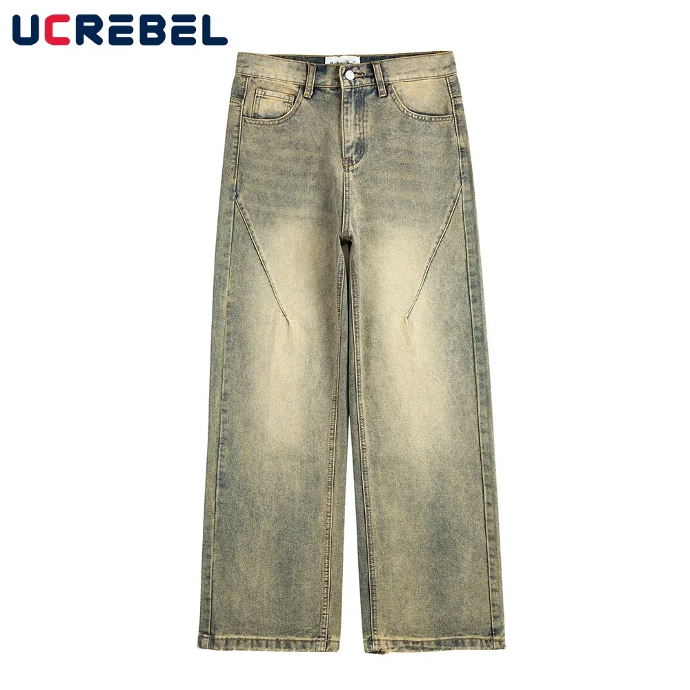 

Washed Distressed Mud Yellow Jeans Mens Streetwear Retro Loose Wide Leg Denim Pants Men