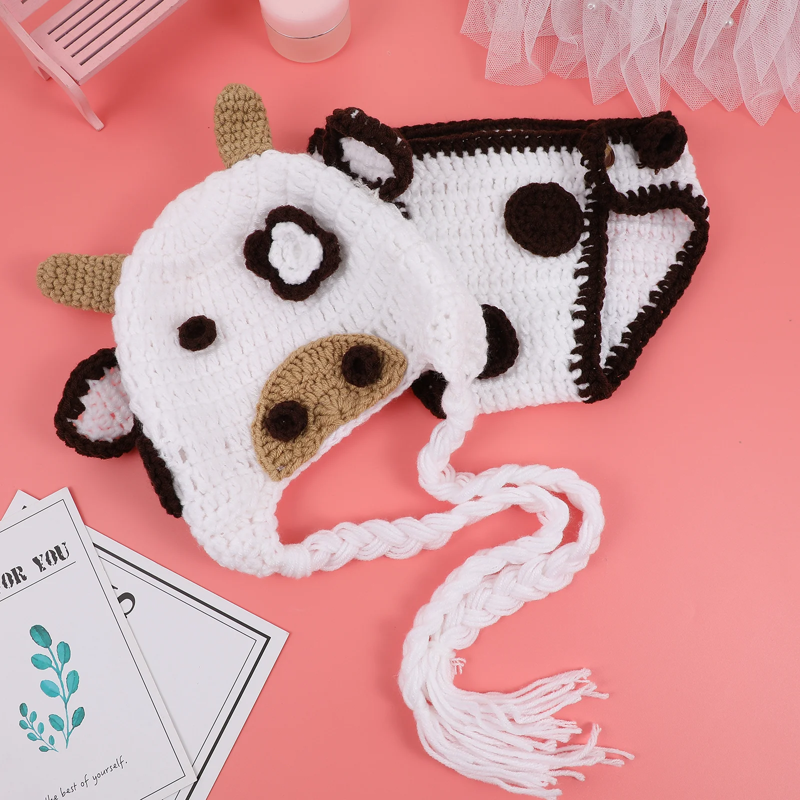 

2pcs Infant Cow Costume Set Crochet Hat Pants For Newborn Baby Photography Outfit Elastic Wear For Baby Boy Girl Photo Prop
